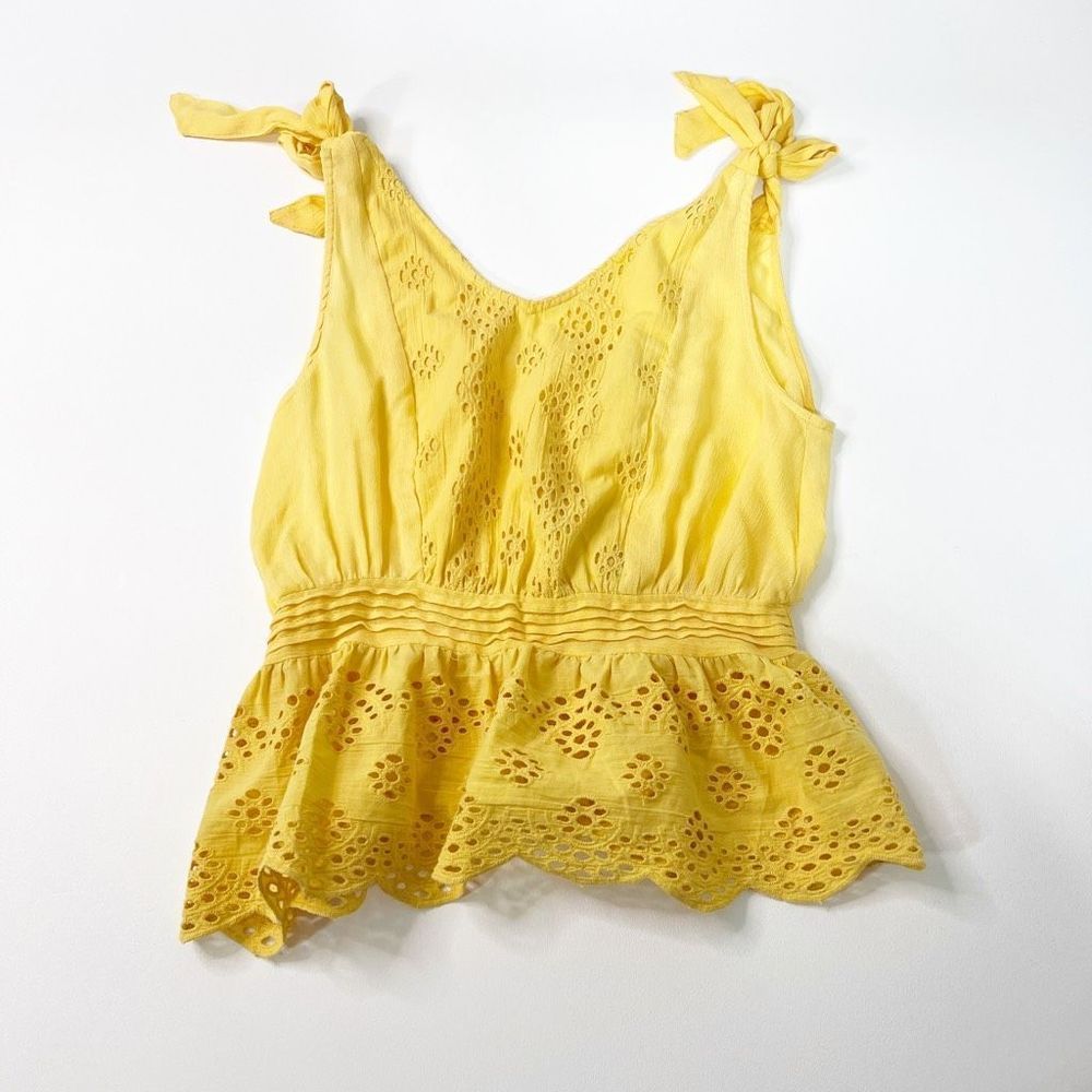 Cynthia Rowley Women's Eyelet Lace Tie Shoulder Peplum Top Blouse Yellow Medium